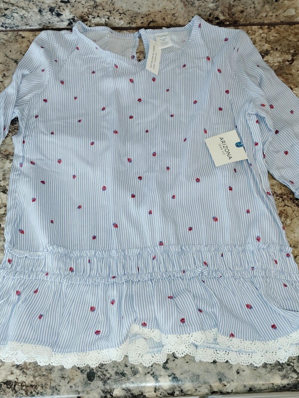 Xl Nwt Arizona Jean Company Girls' Light Blue Striped Top Pink Floral Accent